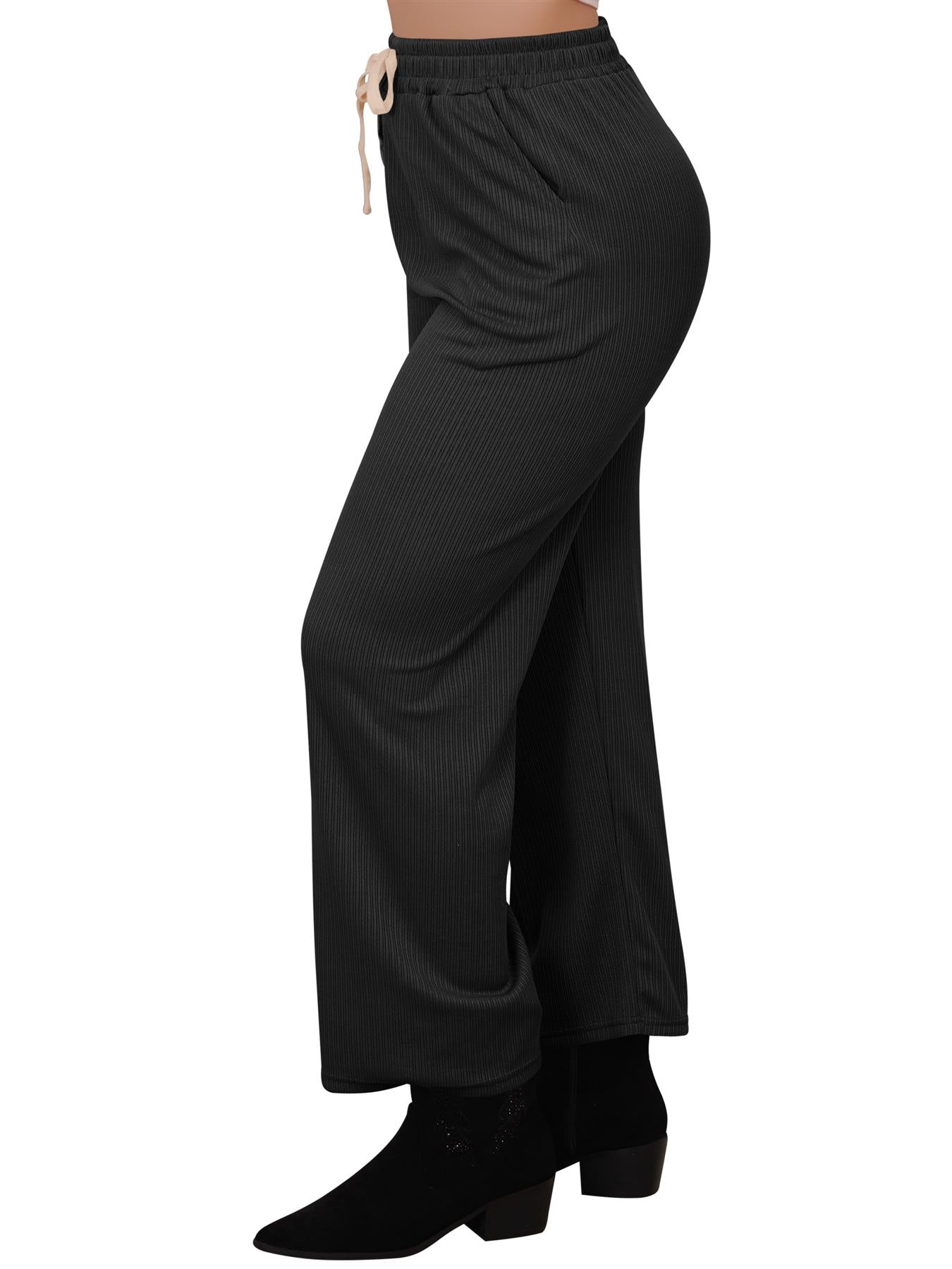 Plain Ribbed Wide Leg Drawstring Trousers