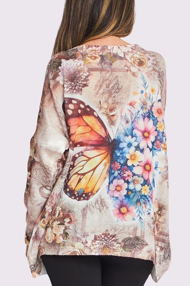 Butterfly Multi Flower Print Knit Style Oversized Top