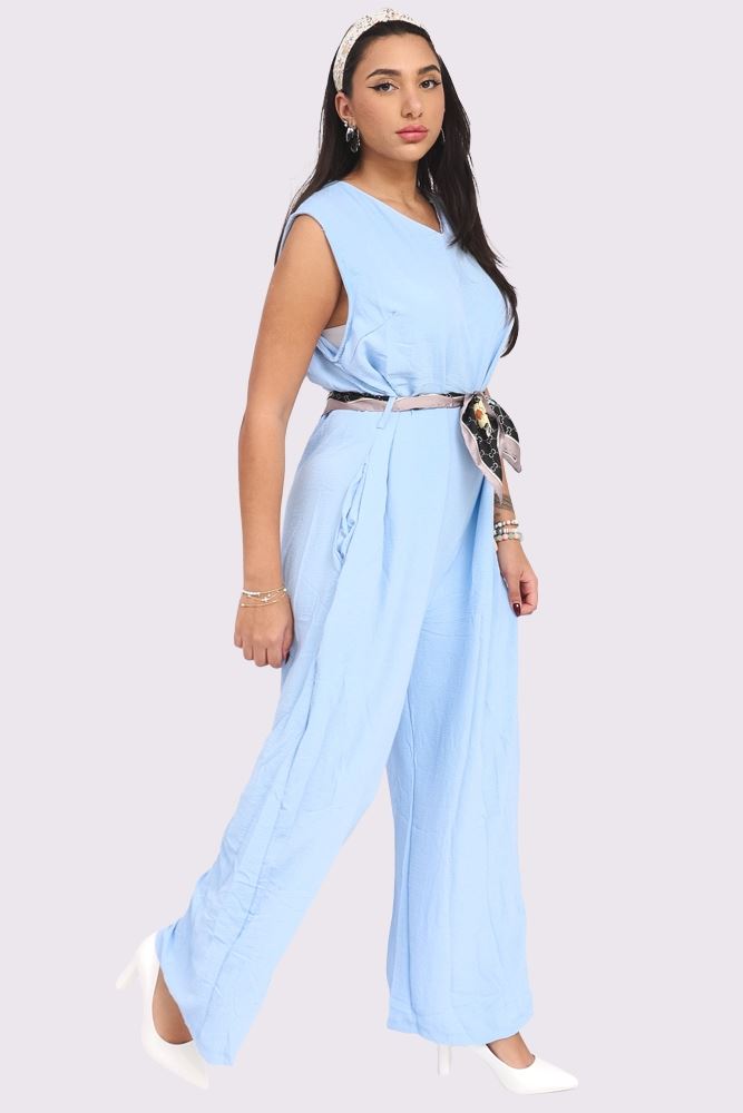 Plain Belted Pockets Wide Leg Jumpsuit