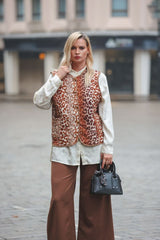 Leopard Print Quilted Button Up Pocktes Cotton Gilet