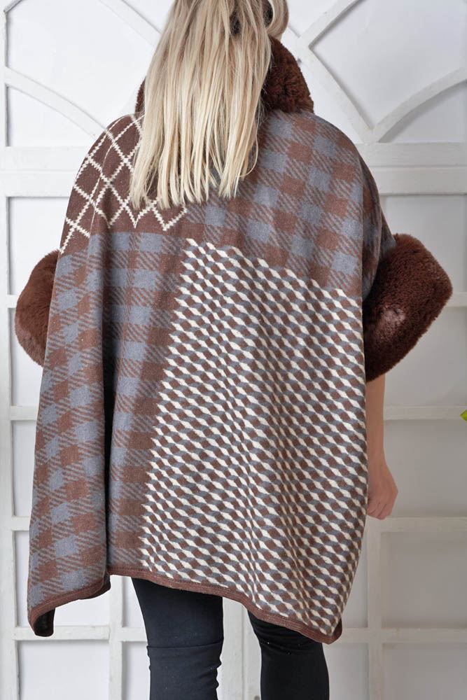 Check Pattern Faux Fur Wrap Over Poncho