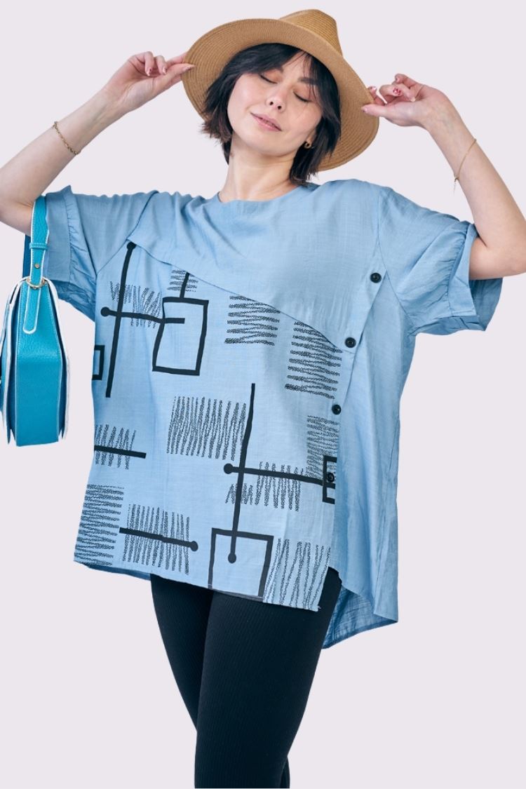 Abstract Block Print Side Button Detail Cotton Top