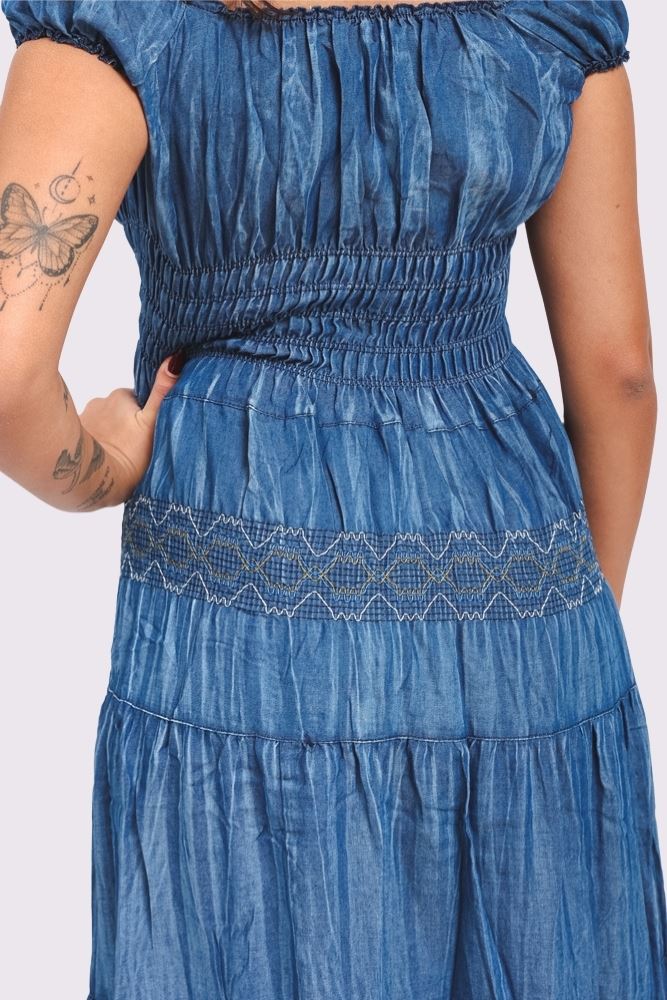 Embroidered Pattern Shirred Waist Tiered Denim Cotton Dress