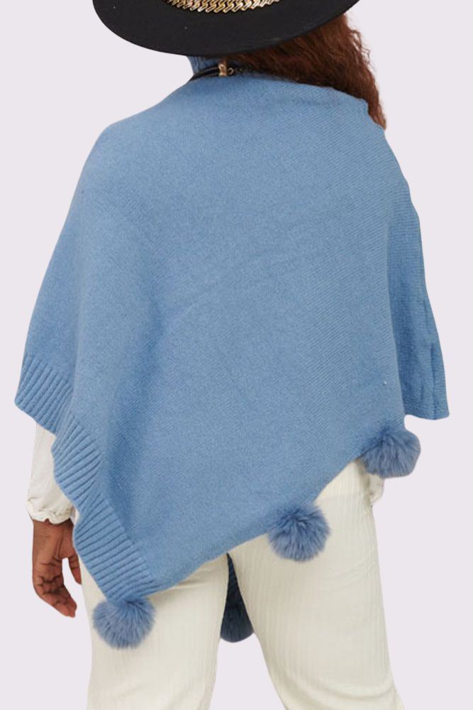 Cable Knit Strip Pom-Pom Poncho