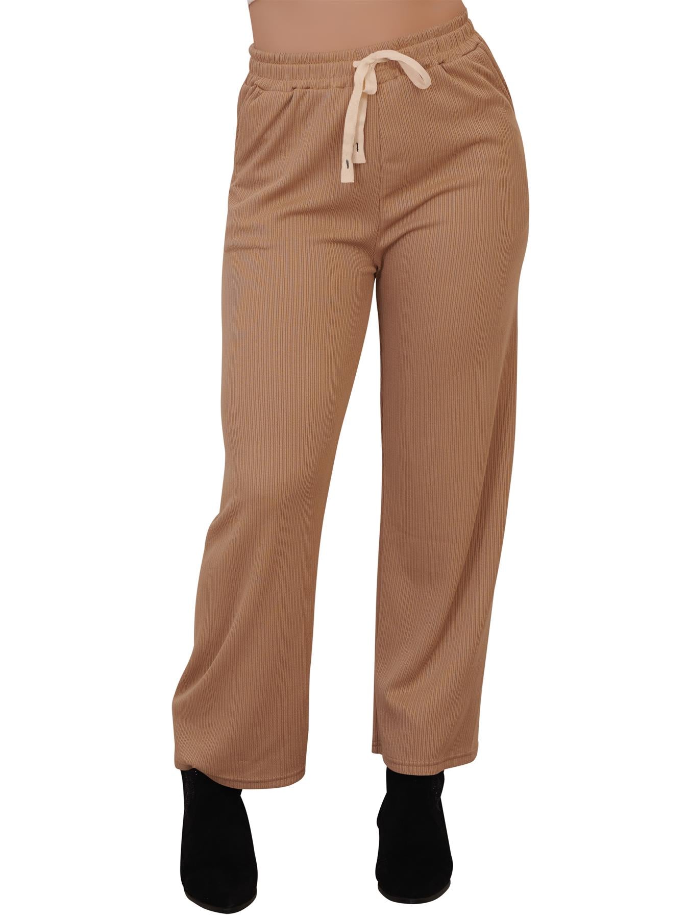 Plain Ribbed Wide Leg Drawstring Trousers