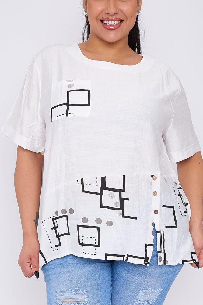 Abstract Print Panelled Button Detail Pocket Cotton Top