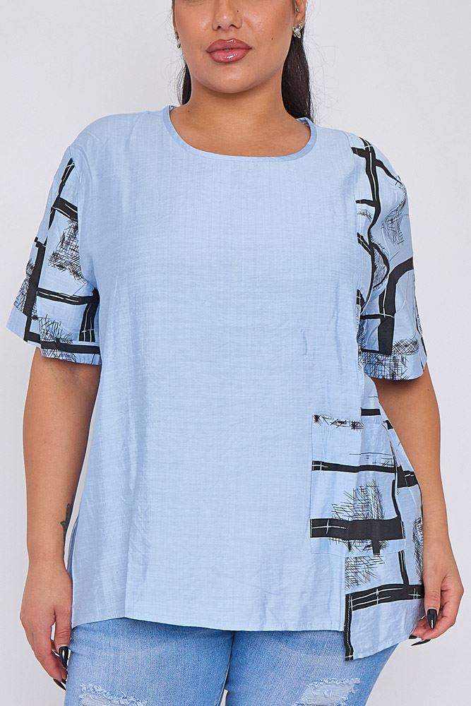 Abstract Check Print Pocket Cotton Top