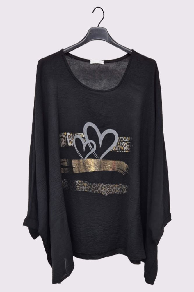 Foil Leopard Heart Print Oversized Top