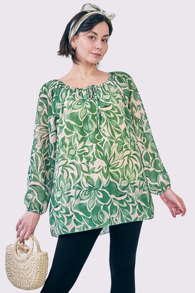 Flower Print Drawstring Neck Tunic Top