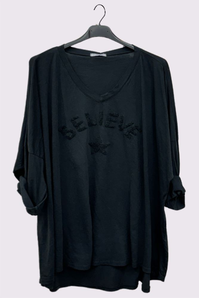 Believe' Star Embroidered Long-Sleeve Top