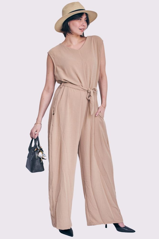 Plain Belted Pockets Wide Leg Jumpsuit