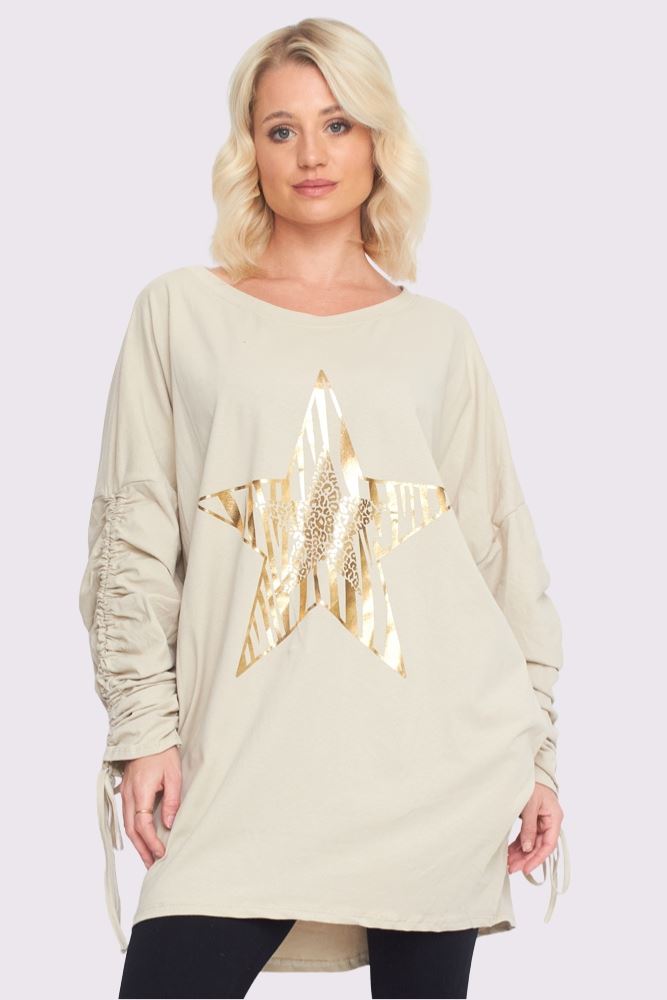 Foil Star Pattern Ruched Sleeve DipHem Oversized Cotton Top