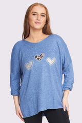 3 Heart Diamante Detail Soft Knit Ribbed Style Top