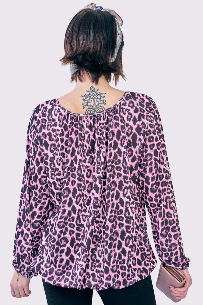 Leopard Print Pleated Elastic Hem Top