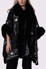 Geometric Print Faux Fur Poncho