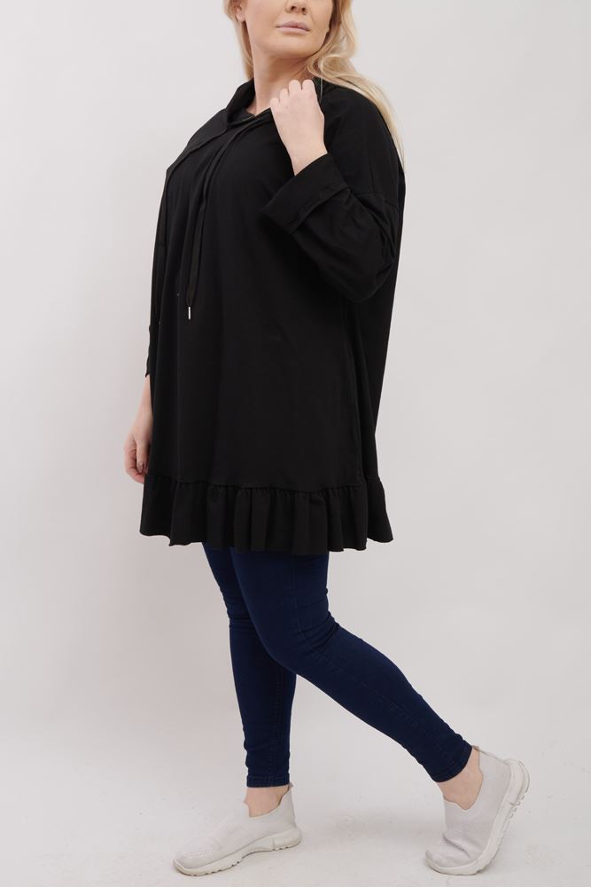 Plain Frill Hem Cotton Hoody