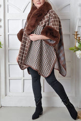 Check Pattern Faux Fur Wrap Over Poncho