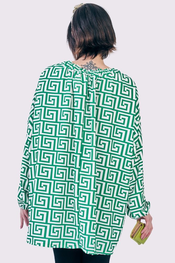 Greek Key Print Oversized Drawstring Neckline Top