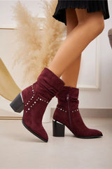 Suede Studded Details Side Zip Heel Boot