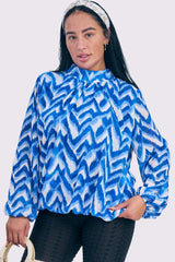 Abstract Print Balloon Sleeve Pleated Top