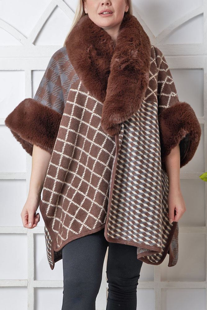 Check Pattern Faux Fur Wrap Over Poncho